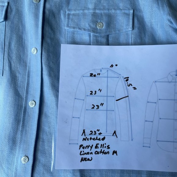 Perry Ellis Linen Cotton NEW short sleeve shirt button pockets blue notched M - Picture 6 of 7